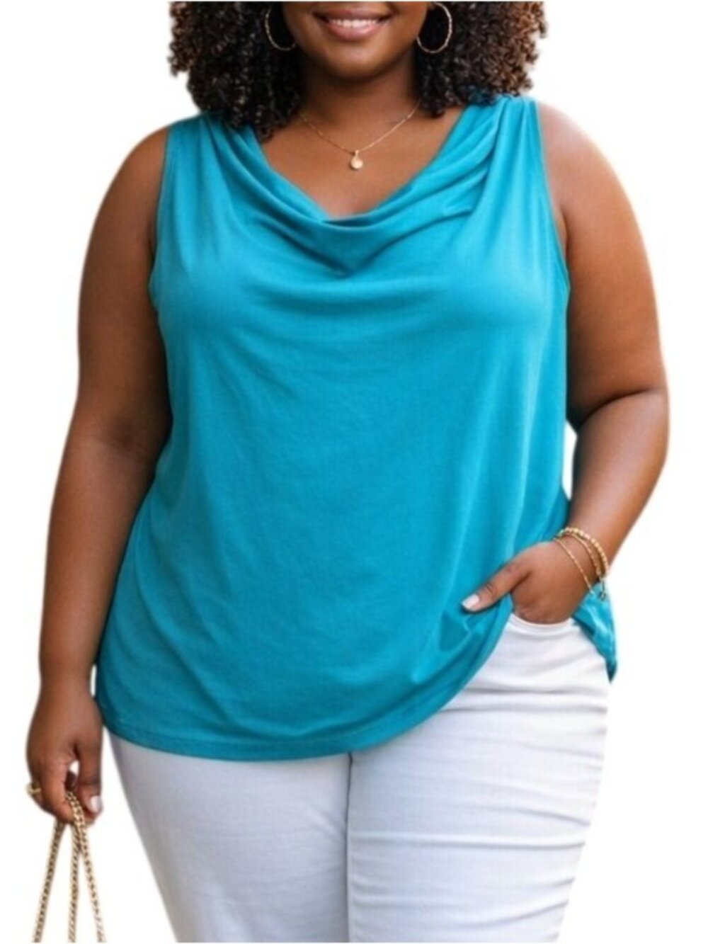 New Directions Size 2X Top Cowl Neck Sleeveless Blouse Turquoise